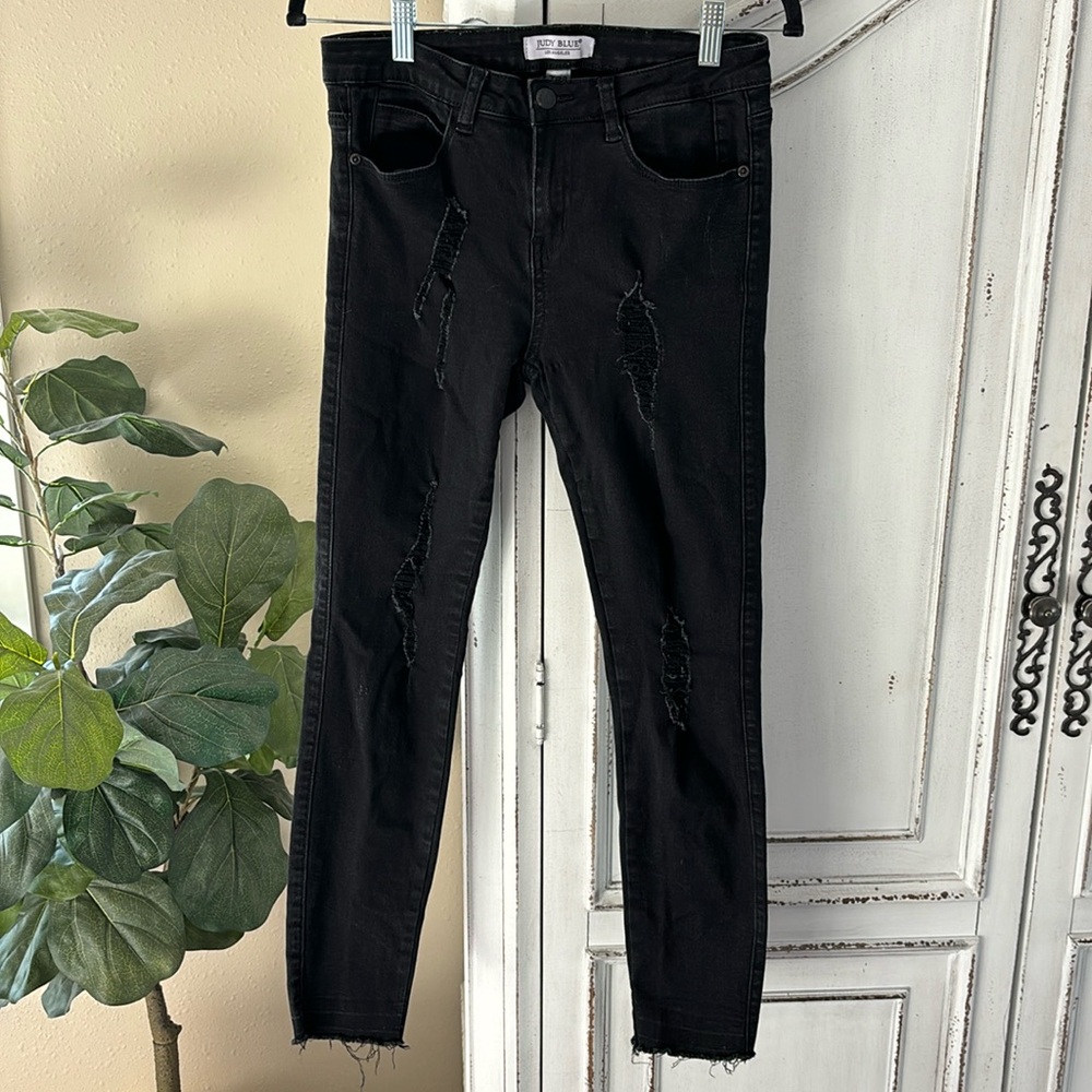 Judy Blue Black Skinny Jeans Womens 7/28 Distressed Rip Stretch Denim Raw Hem